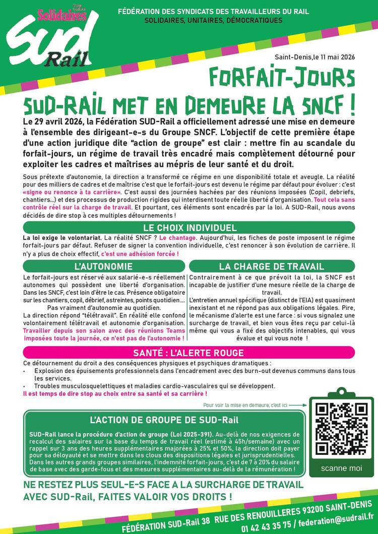 Forfait-jours : SUD-Rail met en demeure la SNCF !