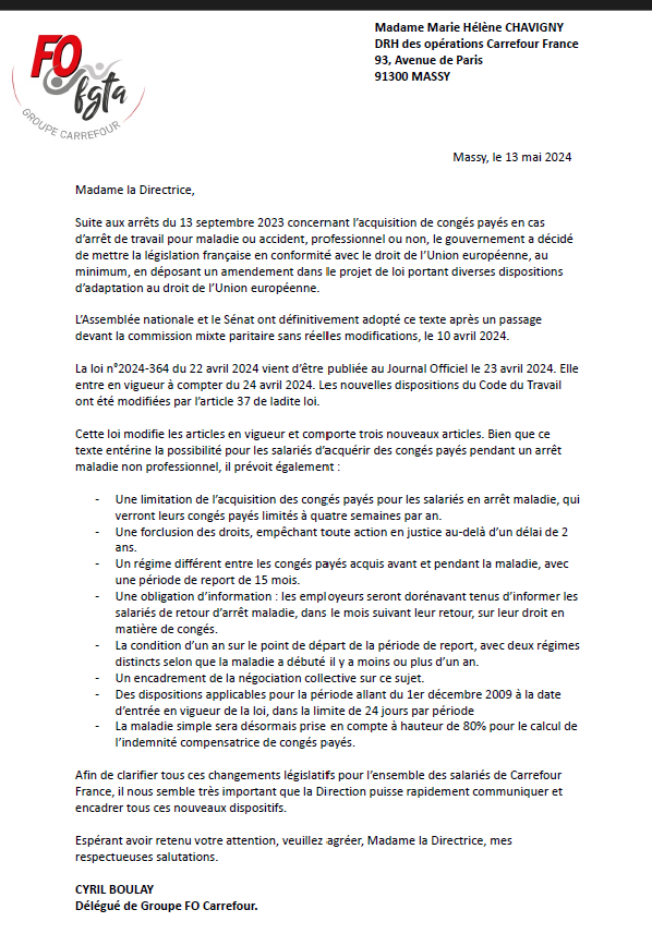 Congé payés : Cyril Boulay (DSG FO) interpelle Mme Chavigny (DRH des opérations carrefour France)