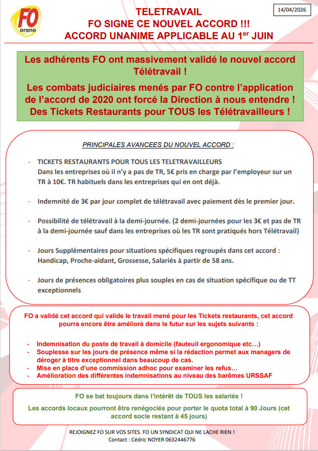 Télétravail : FO signe le nouvel accord qui sera applicable au 1er Juin !