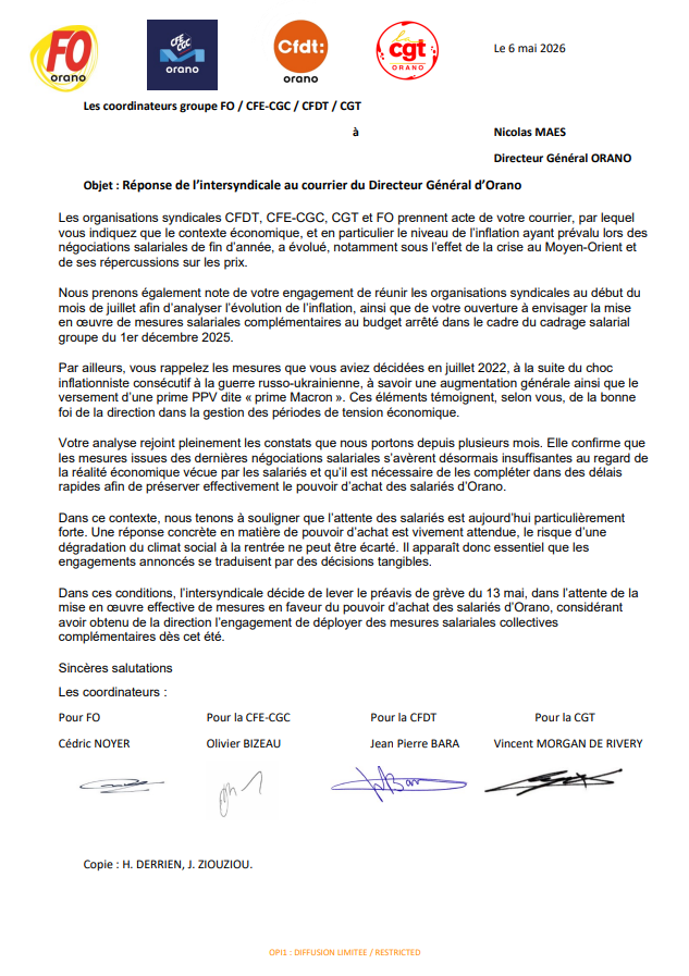 L’intersyndicale CFDT / CFE-CGC / FO / CGT : Mesures complémentaires de préservation du pouvoir d'achat des salariés du groupe ORANO 