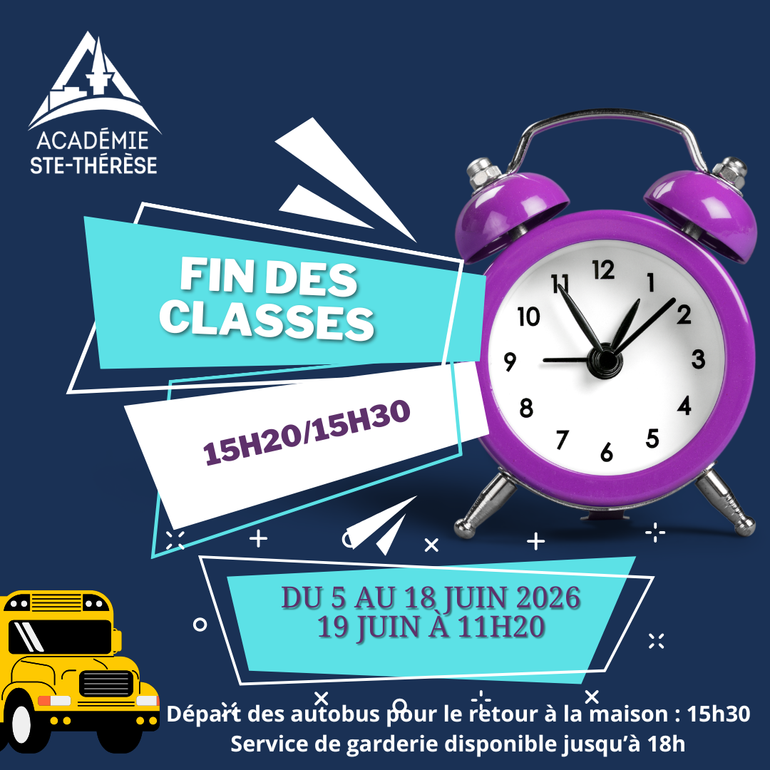Horaire estival:   15h20/15h30 dès le 8 juin 2026