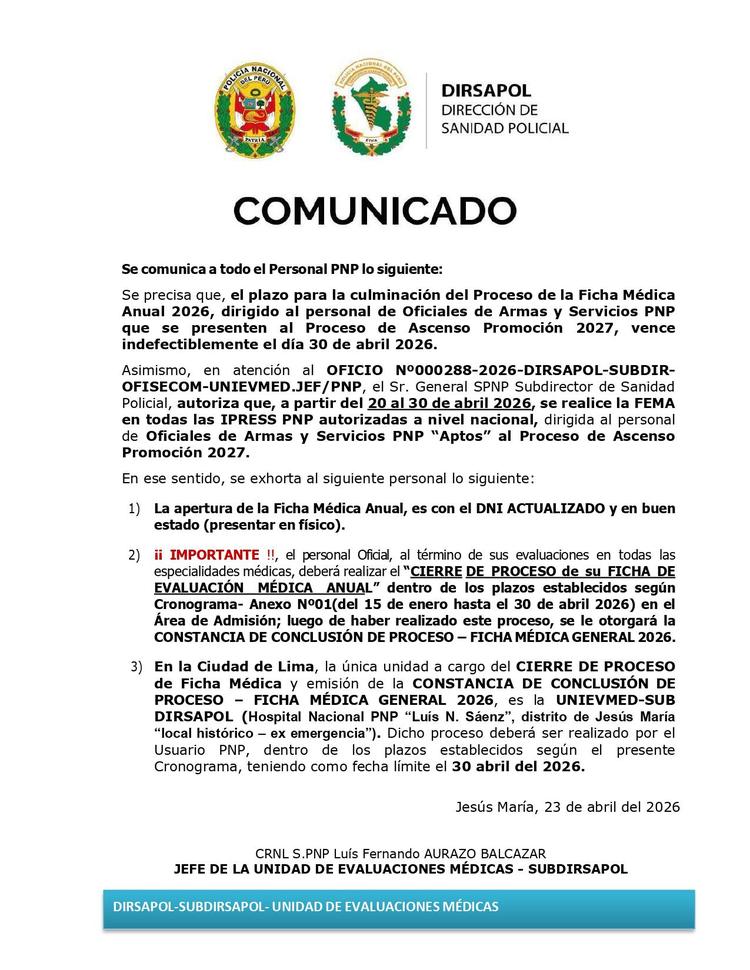 Precisan fecha límite de la Ficha Médica Anual para el ascenso 2026