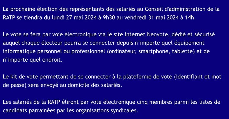 Elections des représentants salariés au conseil d’administration de la RATP
