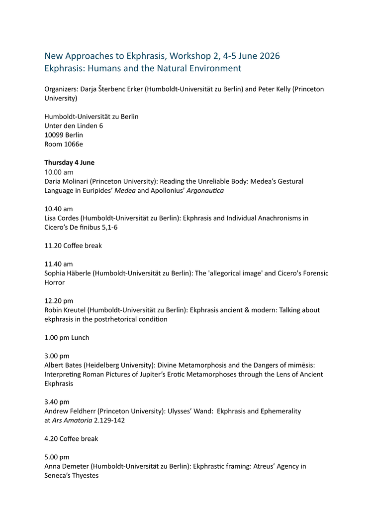 New Approaches to Ekphrasis, Workshop 2: Ekphrasis: Humans and the Natural Environment