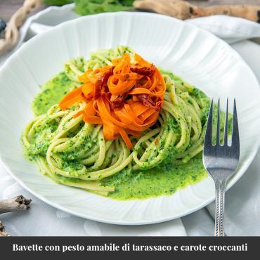 Bavette con pesto amabile di tarassaco e carote croccanti .....