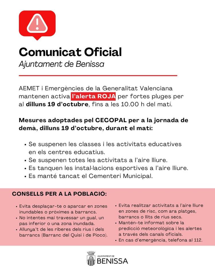 La Marina Alta suspende las clases este lunes ante la alerta por lluvias