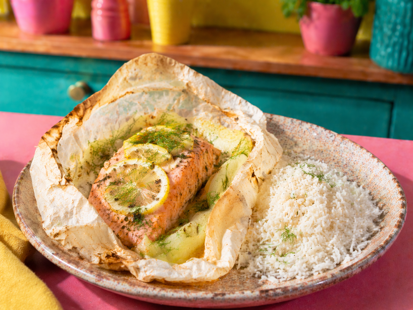 Saumon en papillote, citron, fenouil & riz basmati