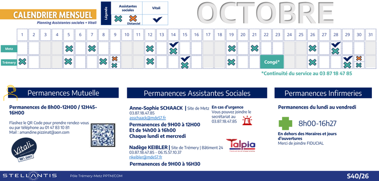 Calendrier des assistantes sociales et VITALI d'OCTOBRE