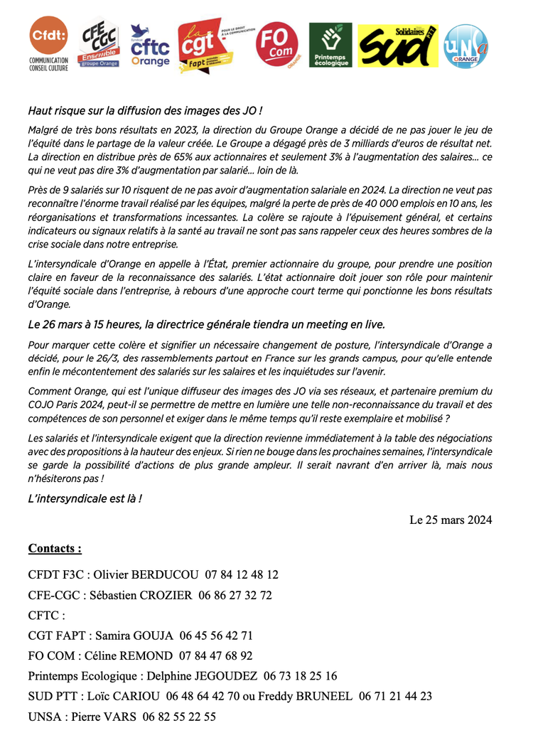 Communiqué de presse intersyndical - Paris le 25 mars 2025