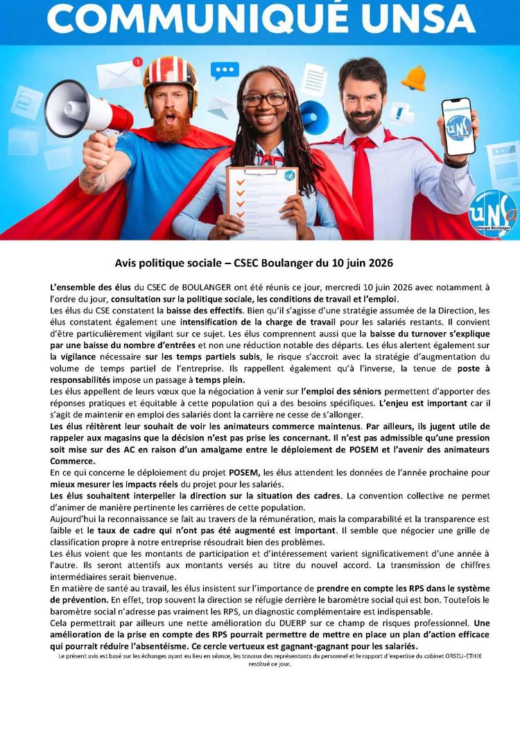 Avis de l'ensemble des élus du CSEC sur la politique sociale, les conditions de travail et l'emploi 2025