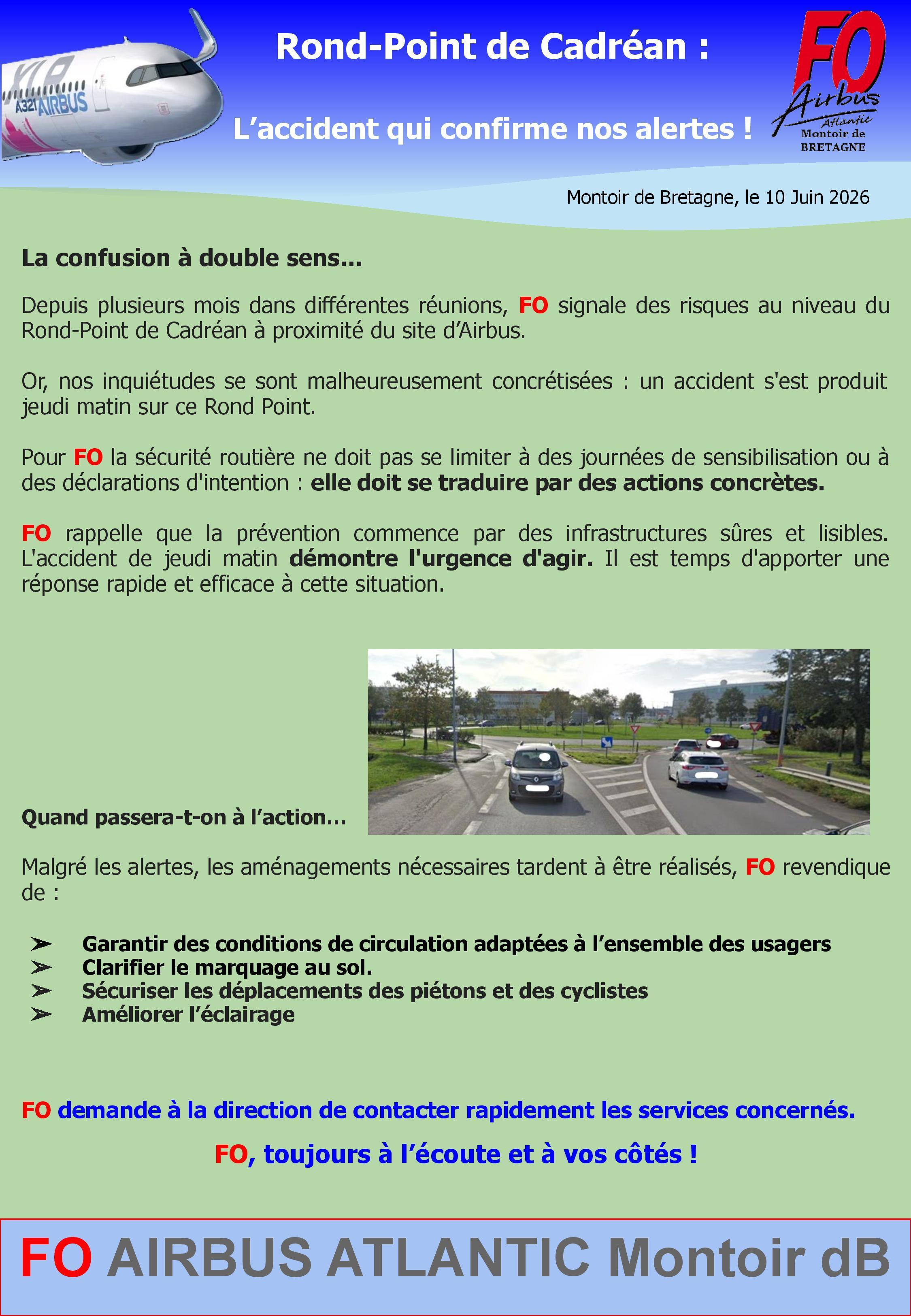 Rond-Point de Cadréan : L'accident qui confirme les alertes de FO !