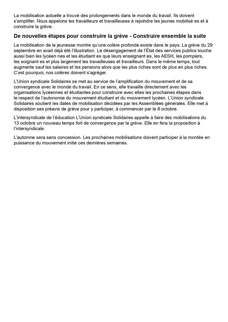 Solidaires avec la jeunesse en lutte !