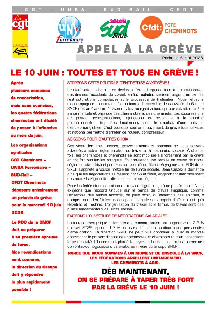 Communiqué unitaire cheminot // Tous et toutes en grève le 10 juin !