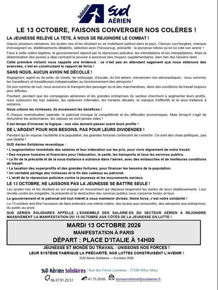 SUD Aérien // Le 13 octobre, faisons converger nos colères !