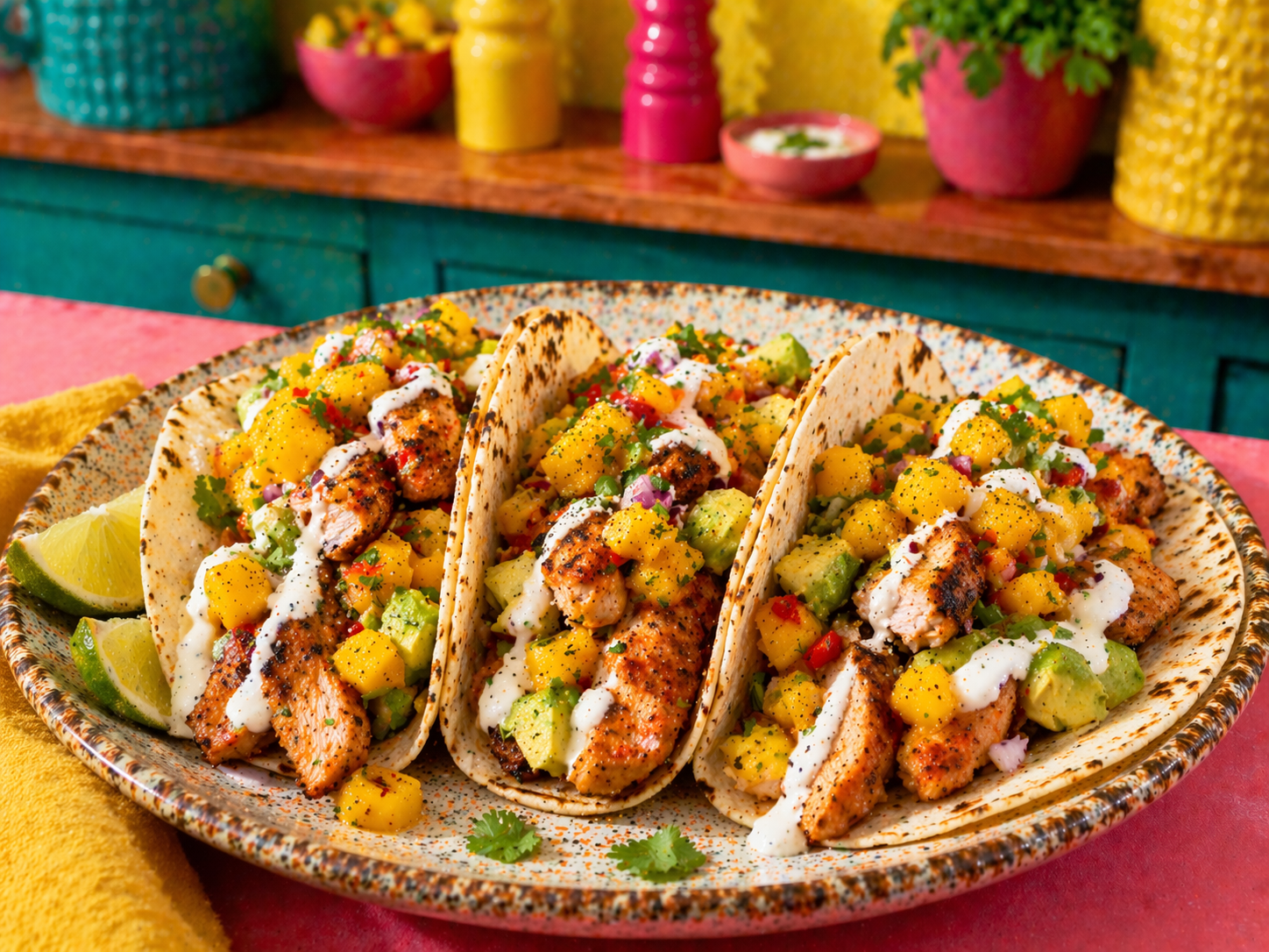 Tacos de poulet marine, salsa mangue & avocat