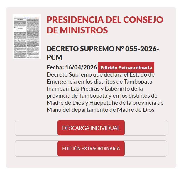 Declaran Estado de Emergencia en seis distritos de Madre de Dios