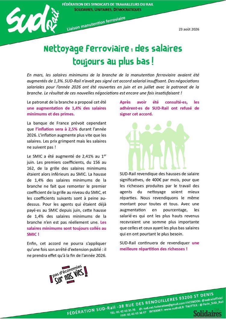 SUD-Rail // Nettoyage ferroviaire : des salaires toujours au plus bas !