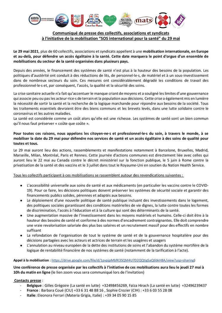  Communiqué de Presse pour la mobilisation internationale de la santé le 29/05/2021