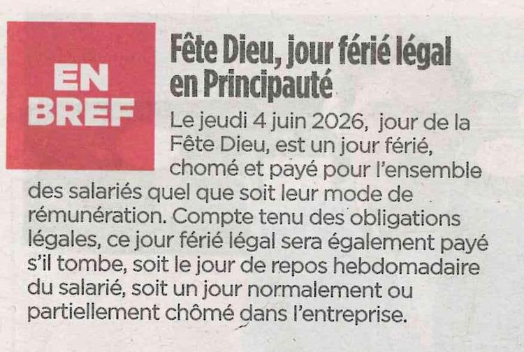 Fête Dieu, Jour férié légal en Principauté