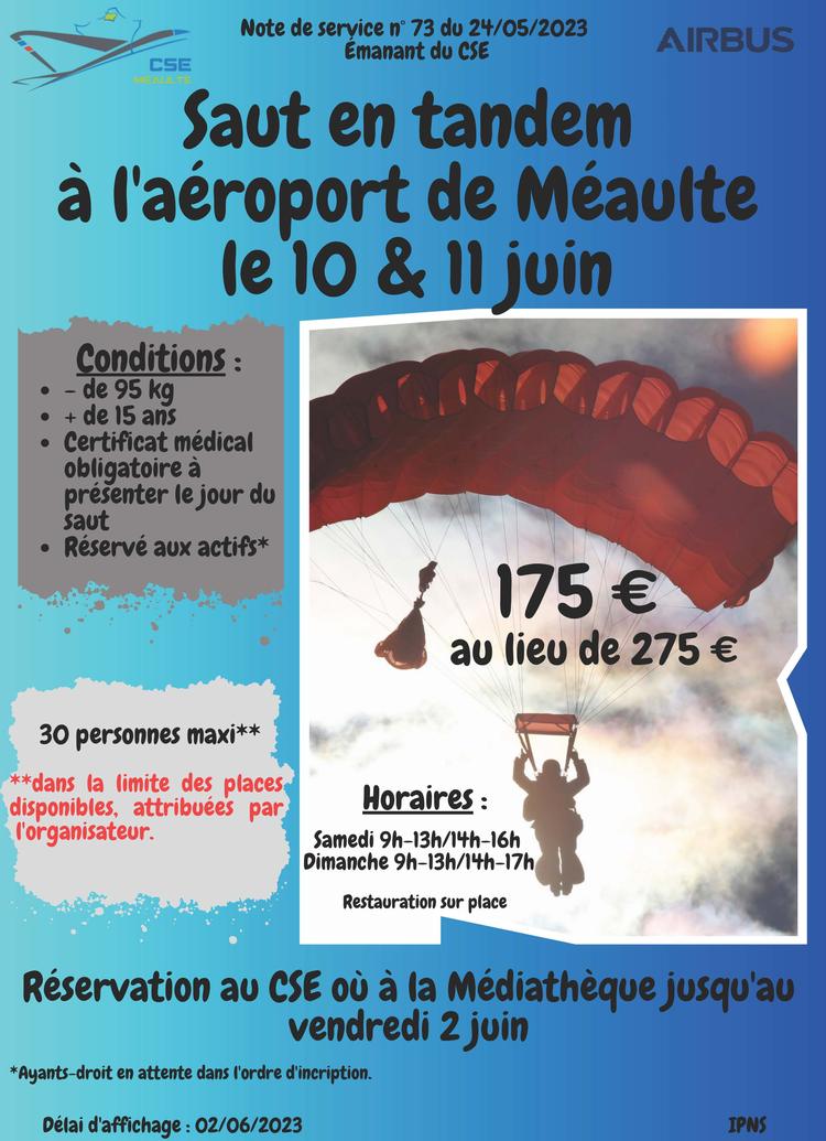 Saut en parachute (tandem) les 10-11 juin à Méaulte