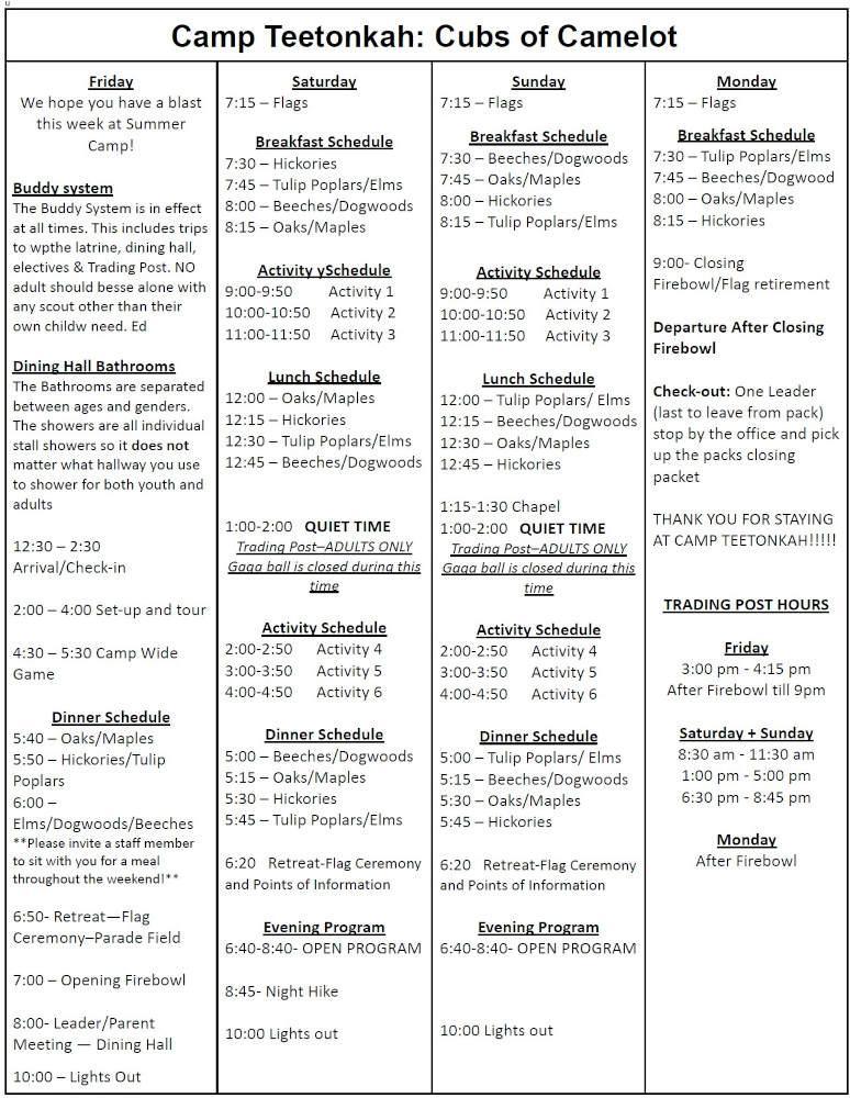 Cub Camp Schedule