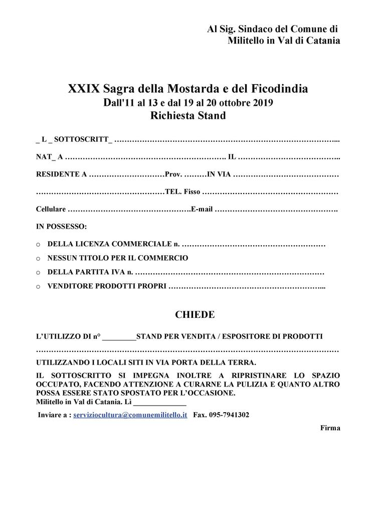 XXIX^ Sagra della Mostarda e del Ficodindia 2019. Modelli di richiesta stand e suolo pubblico.