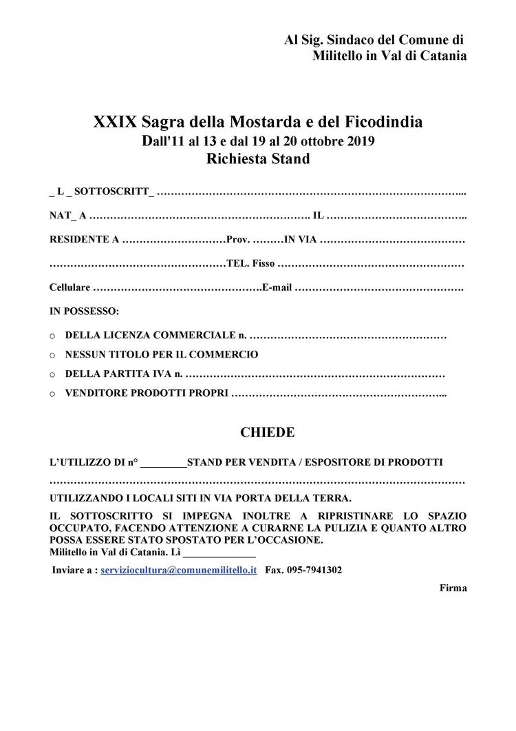 XXIX^ Sagra della Mostarda e del Ficodindia 2019. Modelli di richiesta stand e suolo pubblico.