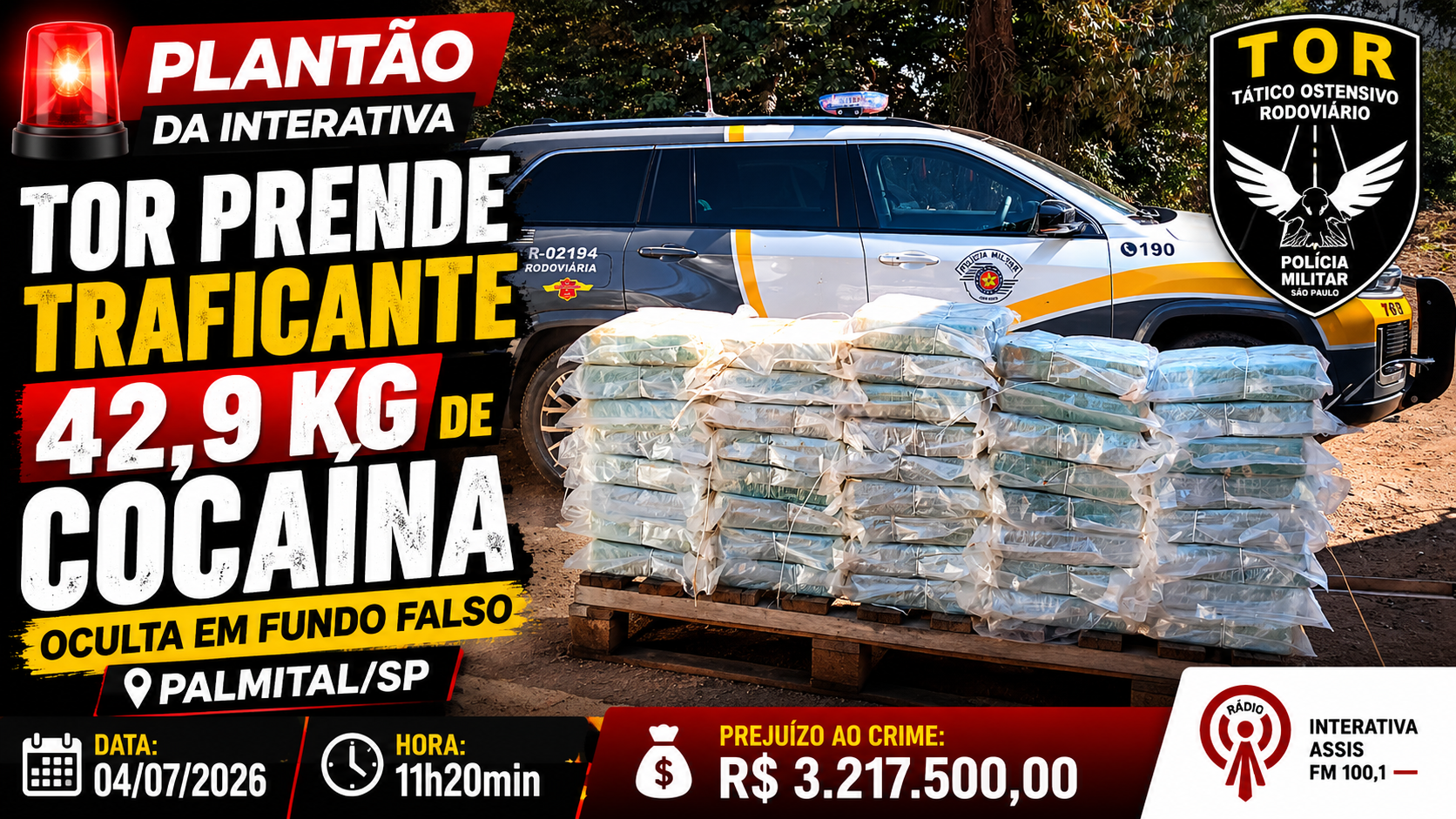 🚨 PLANTÃO INTERATIVA | TOR apreende 42,9 kg de cocaína em fundo falso em Palmital-SP