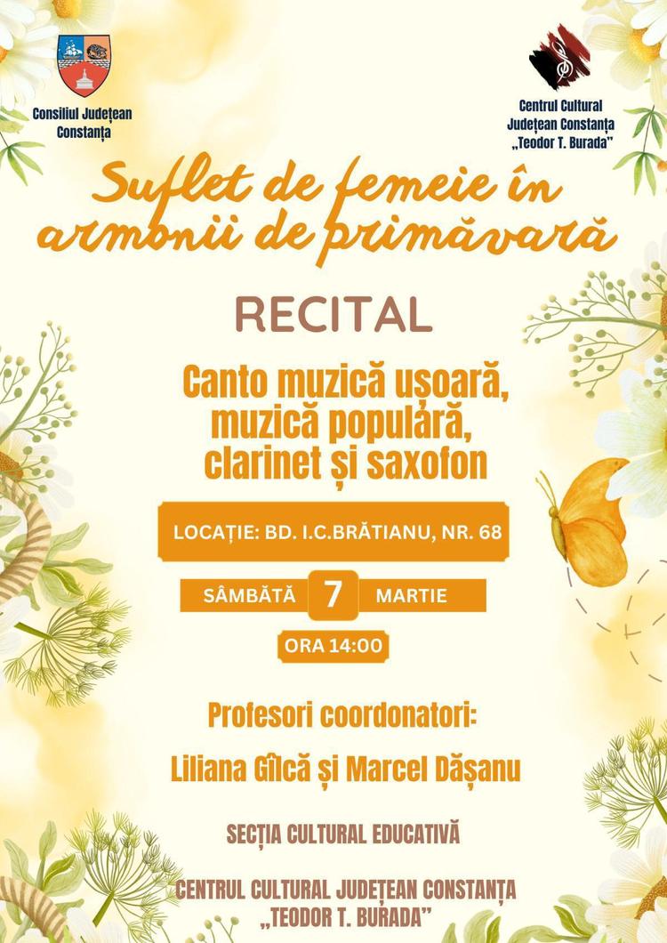 Suflet de femeie în armonii de primăvară: Recital de canto muzică ușoară, muzică populară, clarinet și saxofon