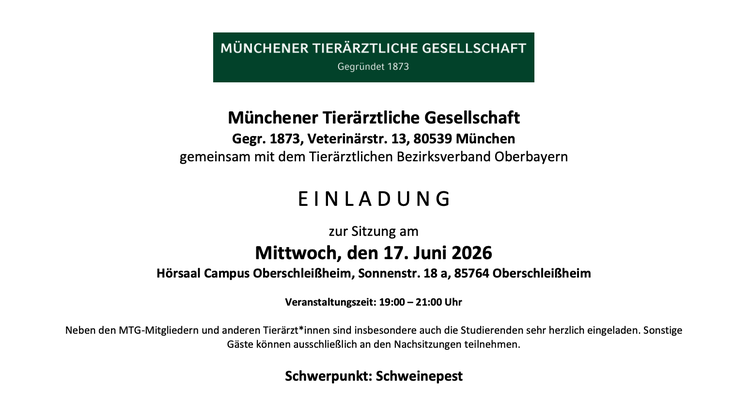 Einladung zur Sitzung der MTG am 17.06.2026 zum Schwerpunkt Schweinepest