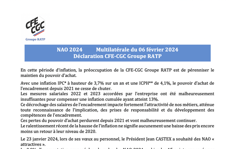 NAO 2024 : déclaration CFE-CGC Groupe RATP 06 février 2024