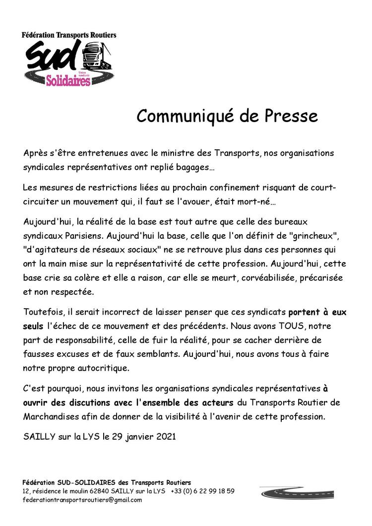 Com  presse Fédération SUD transports Routiers 29 01 2020
