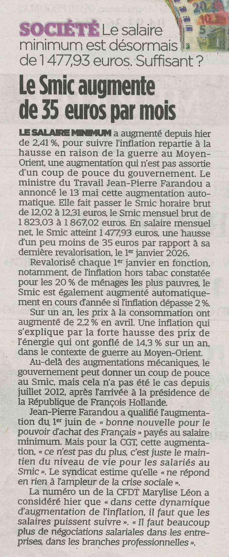 Le Smic augmente de 35€ par mois