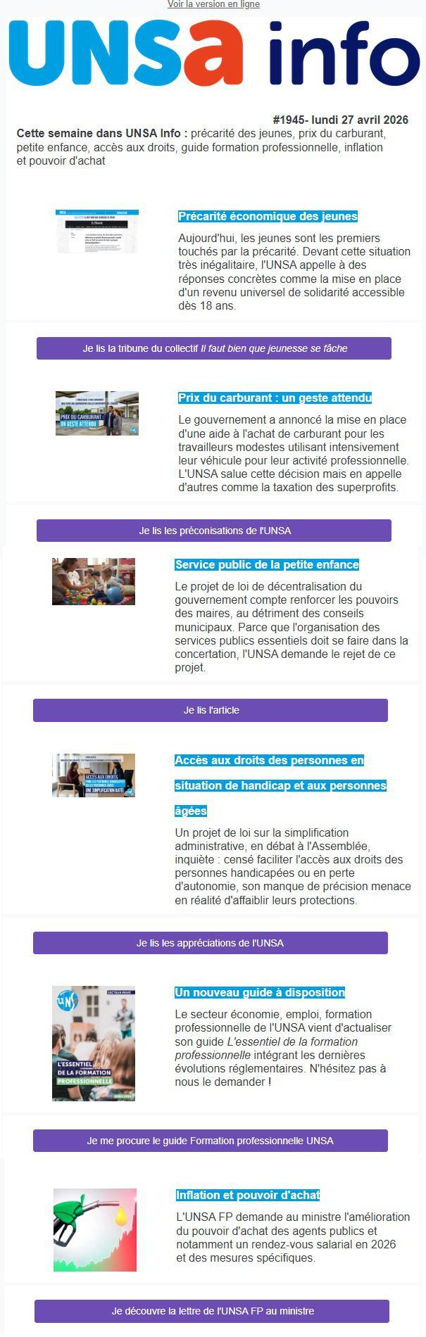 UNSa Info du lundi 27 avril 2026