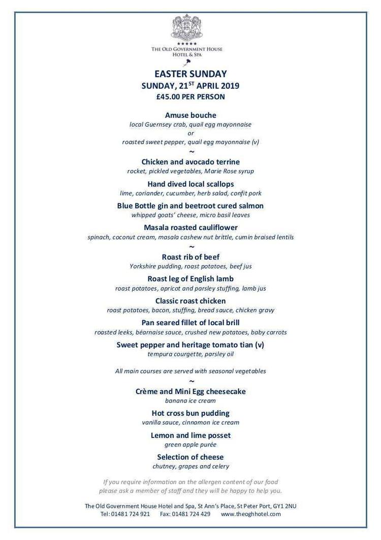 OGH Sunday Lunch Menu