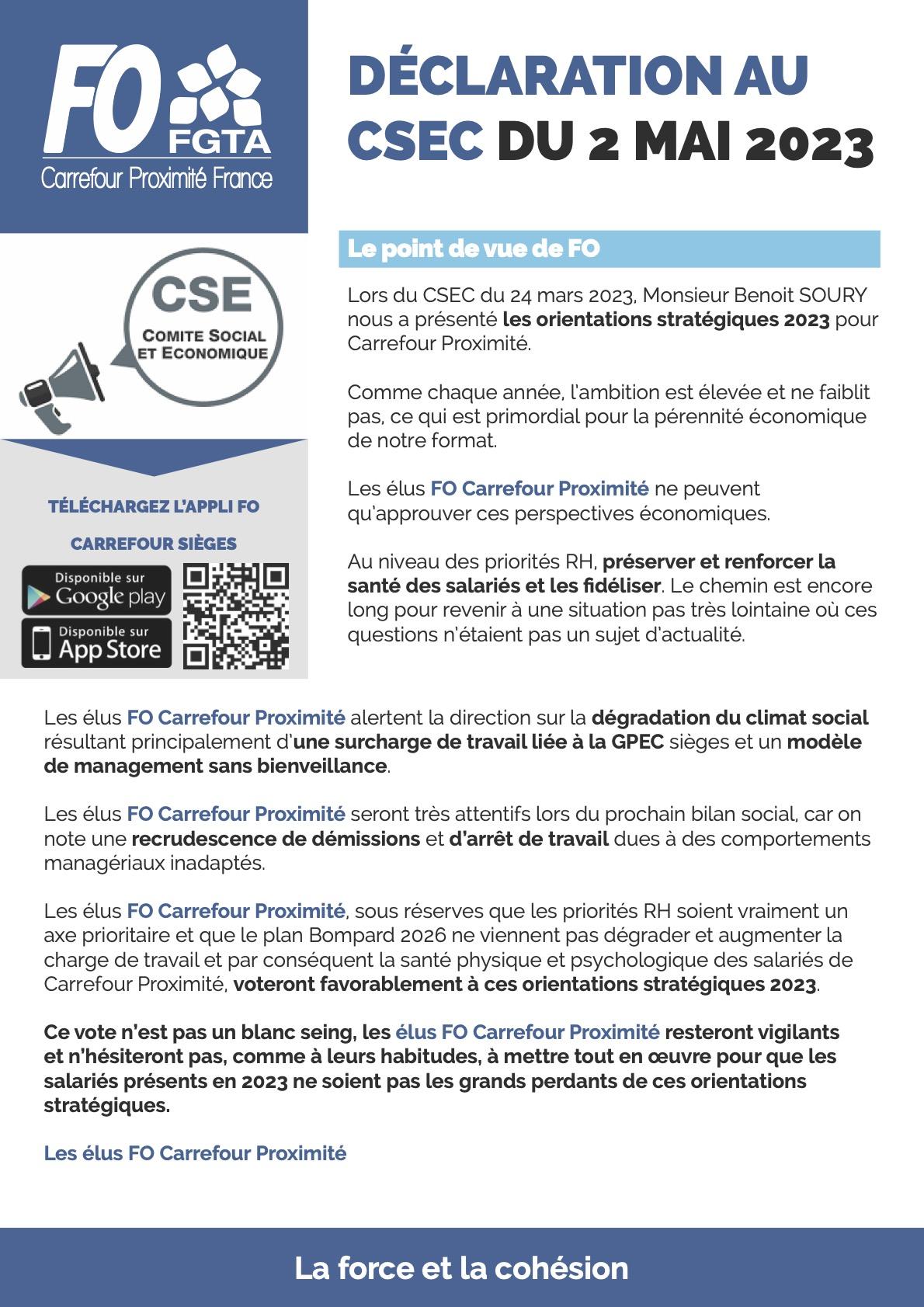 Déclaration FO Carrefour Proximité au CSEC du 02 mai 2023