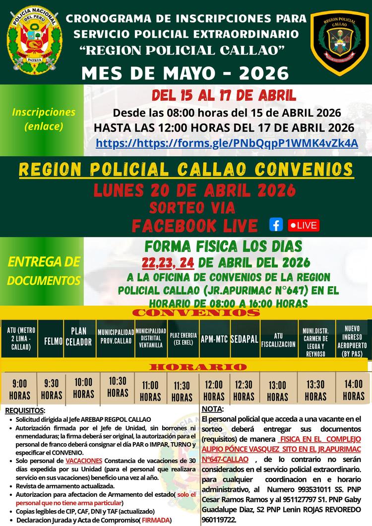 Convocatoria Abierta : Servicio policial "PLAN CELADOR" Callao - MAY2026