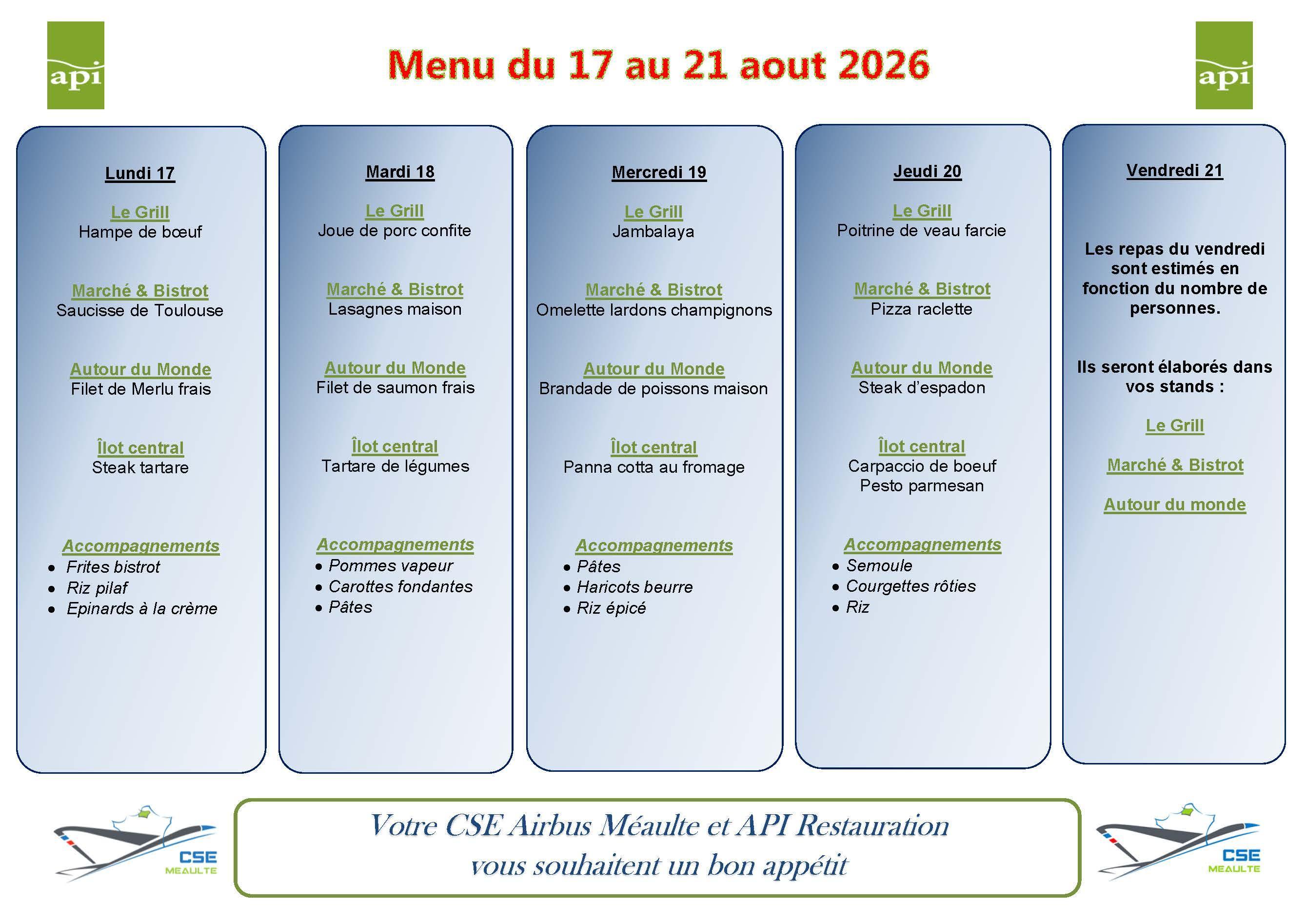 MENU de la semaine du 17 août