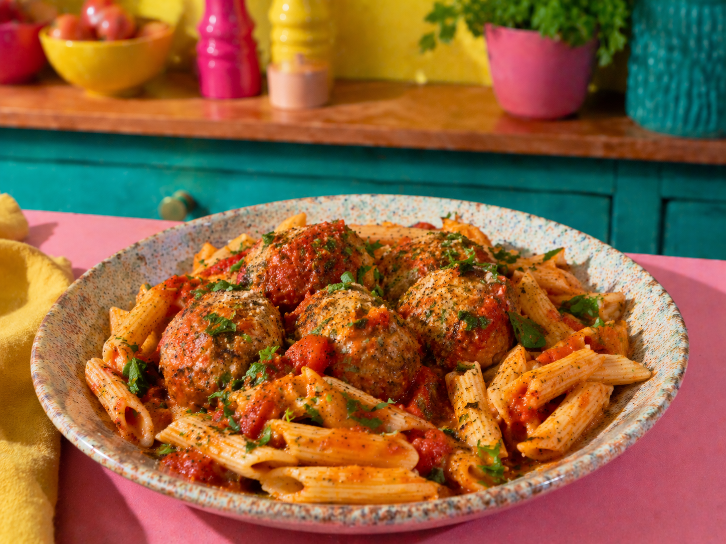 Boulettes de dinde, sauce tomate aux legumes & pates