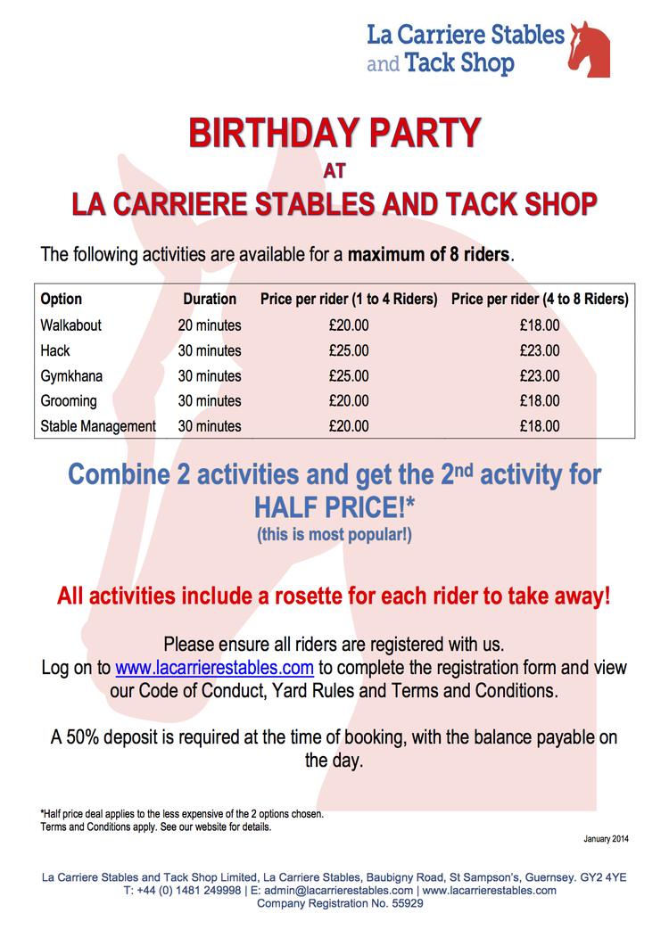 Le Carriere Stables Birthday Party Information