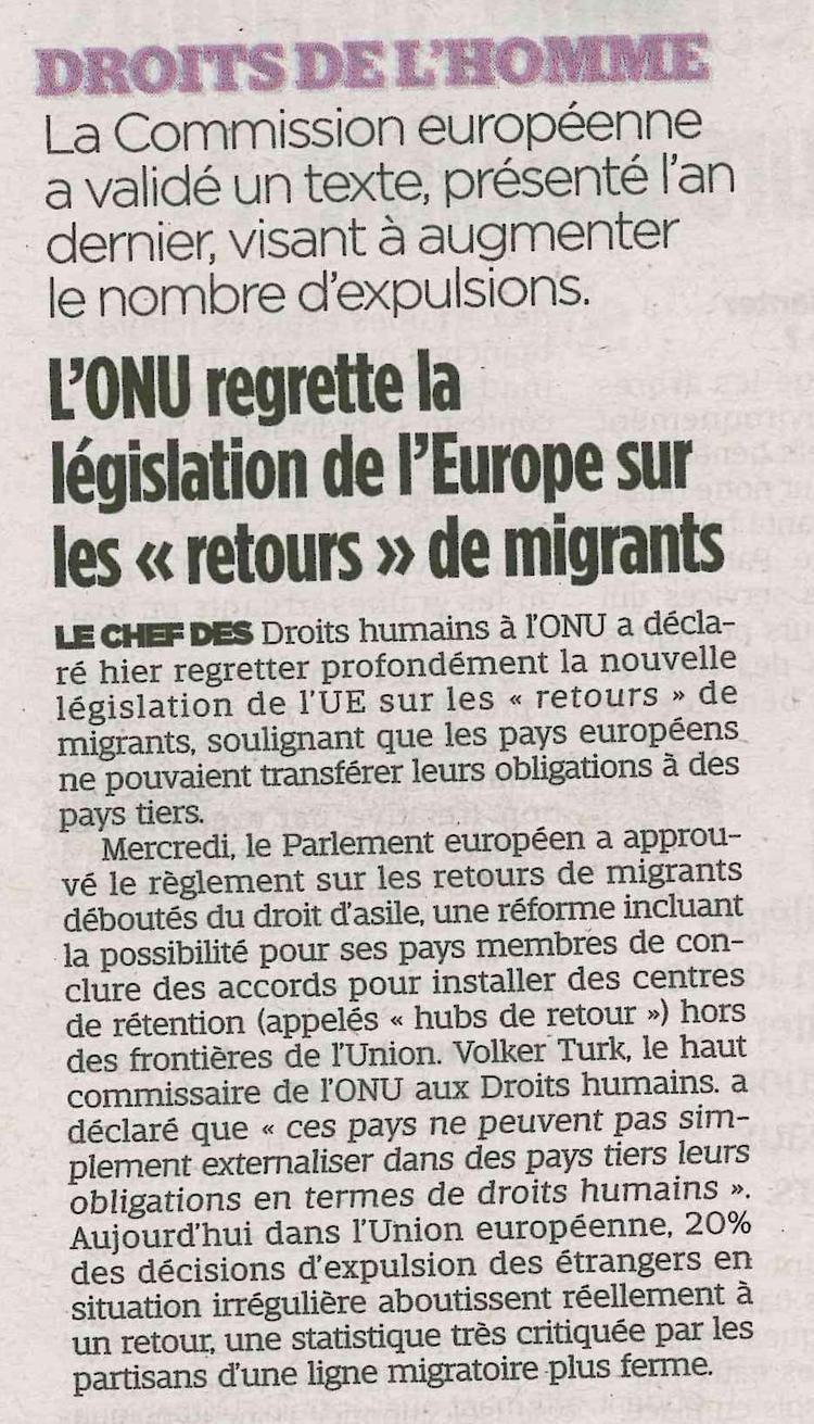 L'ONU regrette la législation de l'Europe sur "les retours" de migrants 