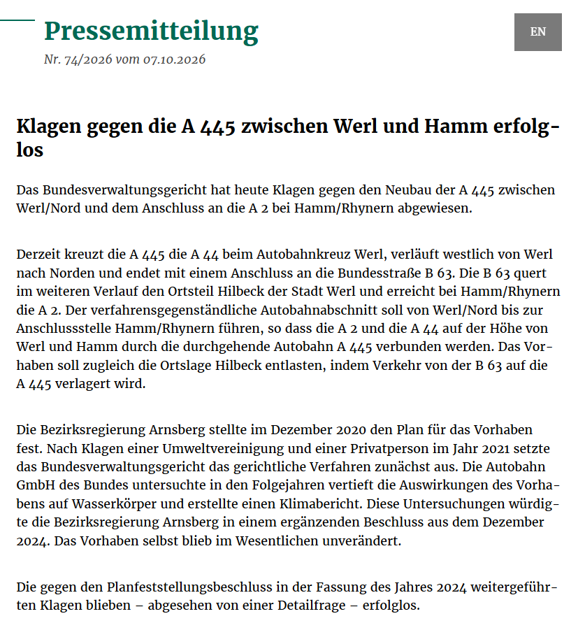 Klage gegen A 445 Weiterbau abgewiesen