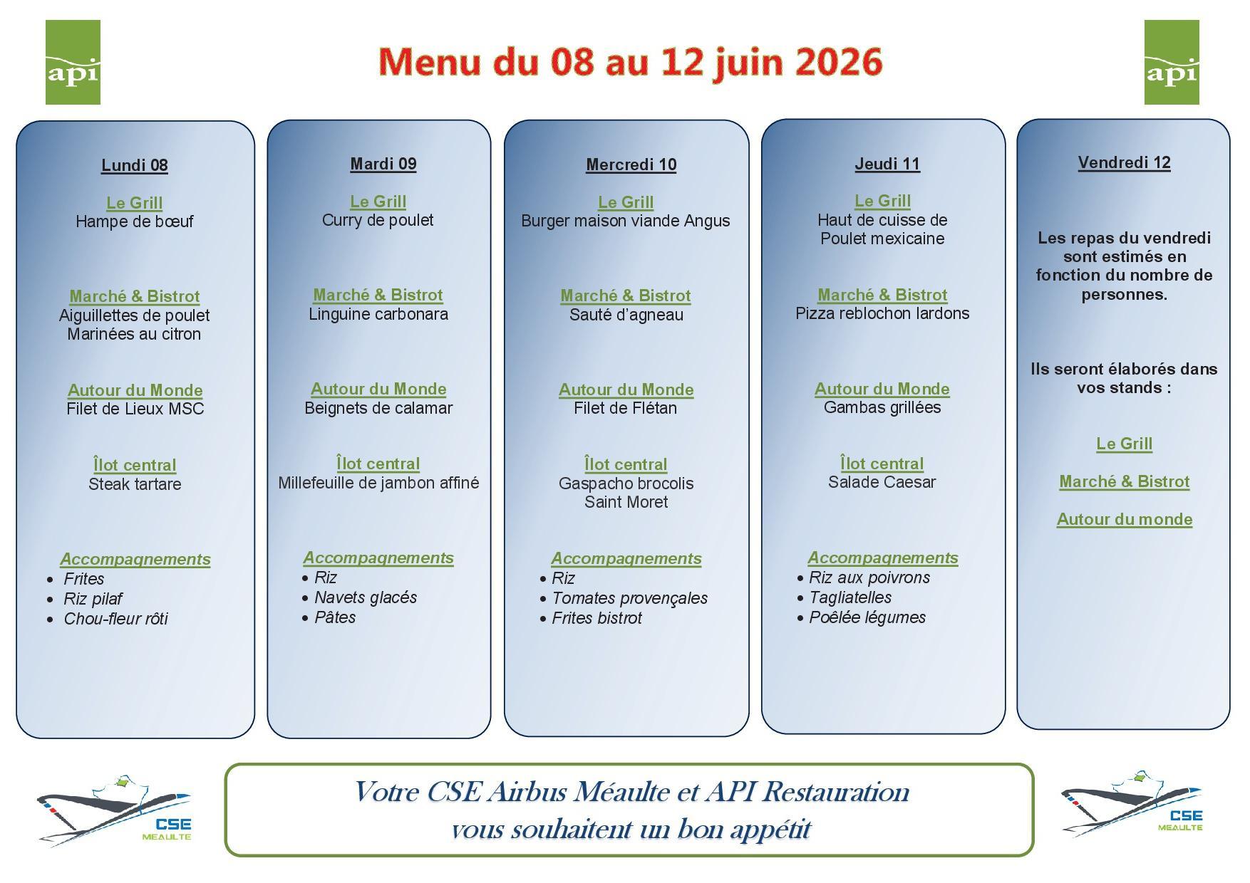 Menu du 08 au 12 juin 2026