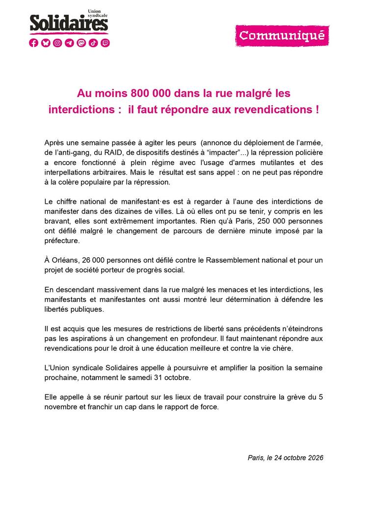 800 000 dans la rue malgré les interdictions : il faut répondre aux revendications !
