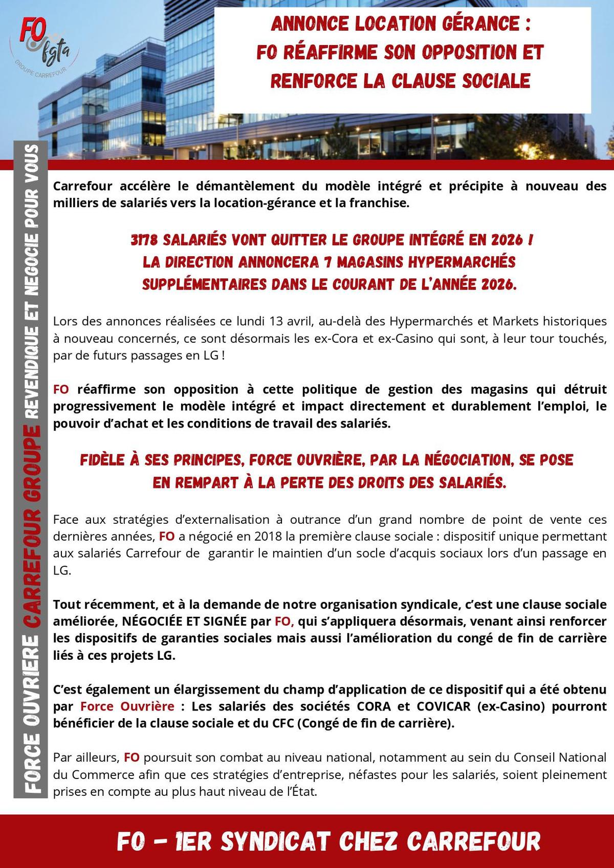 Annonce location gérance : FO réaffirme son opposition et renforce la clause sociale