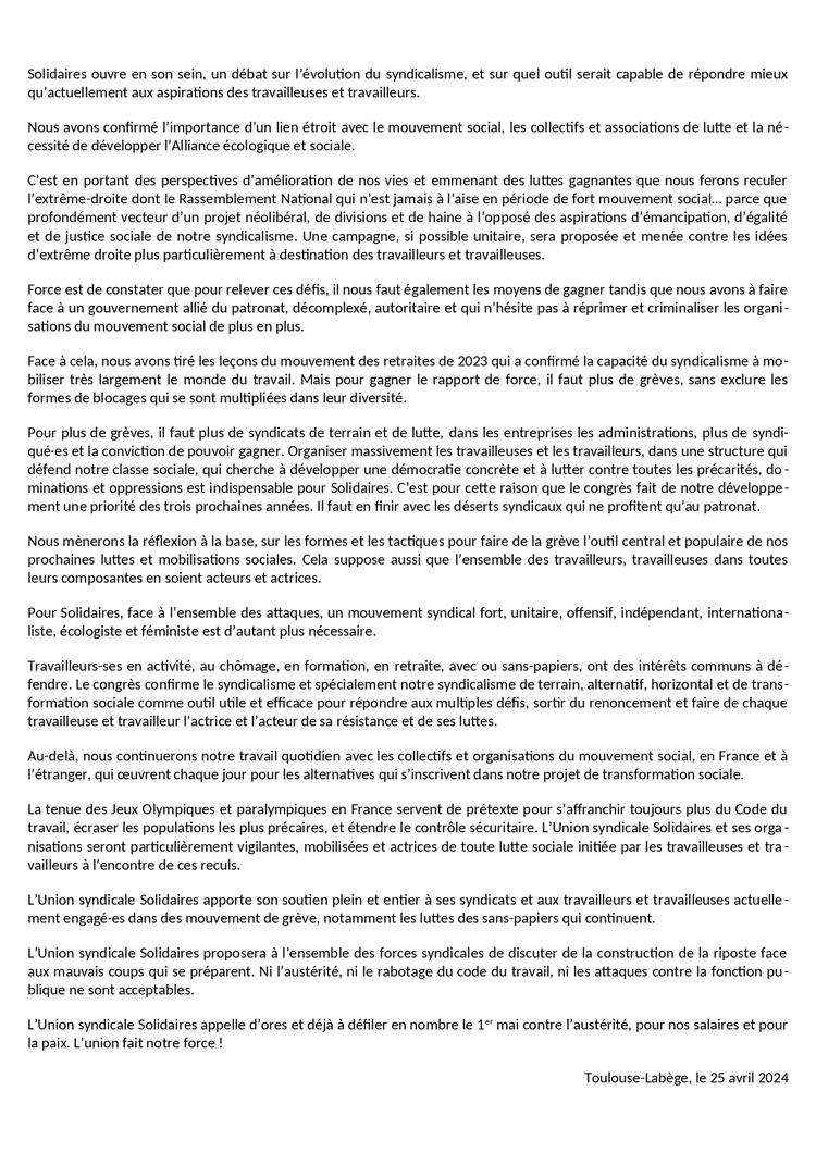 Déclaration finale de l'Union Syndicale Solidaires en congrès le 25 avril 2024