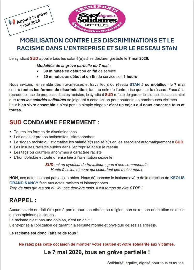 SUD STAN NANCY // Contre le racisme, tous en grève le 7 mai !