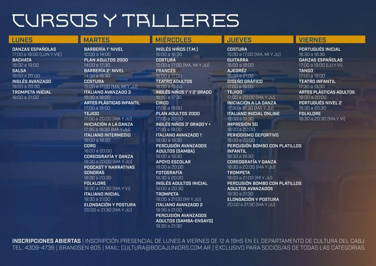 ¡Días y horarios de todos los Cursos y Talleres de Cultura 2026! 💙💛💙 