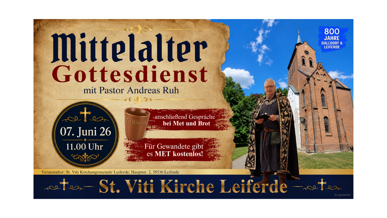 Mittelalter-Gottesdienst  am 07.06.26 mit Pastor Andreas Ruh anl. der 800 Jahr-Feier von Leiferde und Dalldorf