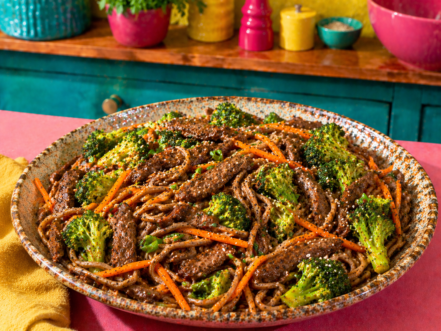 Wok de boeuf saute, brocolis & nouilles soba